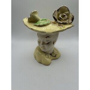 Vintage Napco Lady Head Vase 1950 Planter yellow dress and hat.